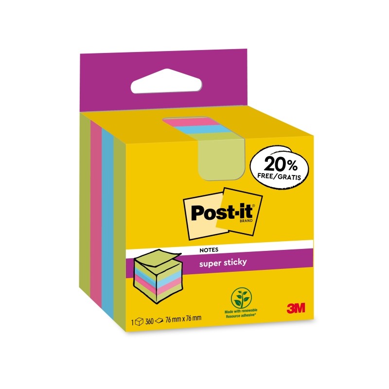 Cubo di 300 foglietti adesivi riposizionabili Post-It Super Sticky - 76x76 mm - 100% PEFC - Colori assortiti