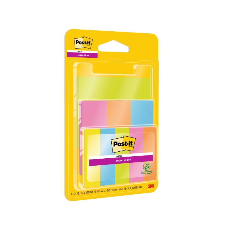 Post-It Super Sticky Confezione da 9 blocchetti di 45 foglietti adesivi riposizionabili - 100% PEFC - Colori assortiti