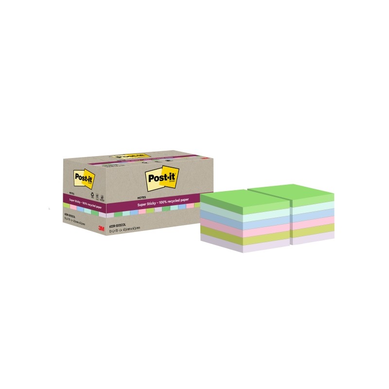 Post-It Super Sticky Note Pads 12 Confezione da 70 foglietti adesivi riciclati - Forma quadrata - 47.6x47.6 mm - Colori 