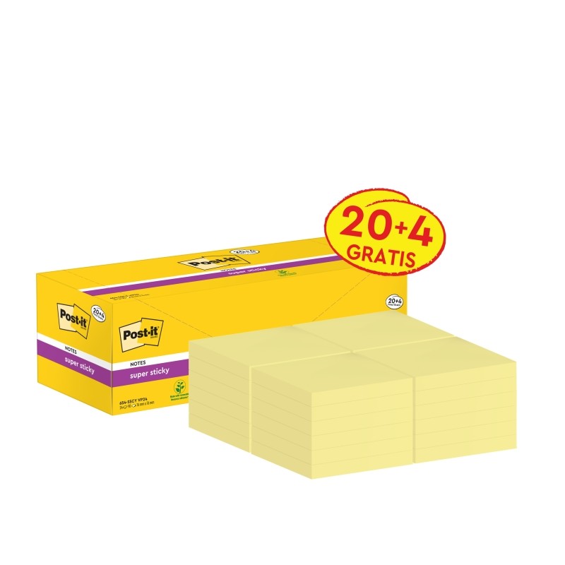 Post-It Super Sticky Confezione da 24 blocchetti di 90 foglietti adesivi riposizionabili - 76x76 mm - Promozione 20 bloc