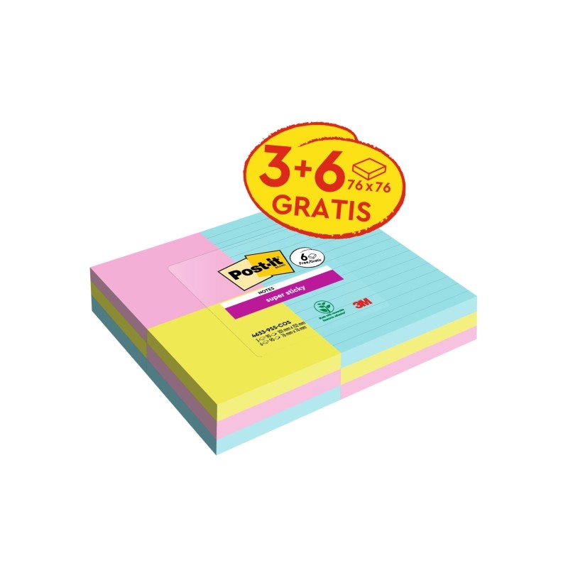Post-It Super Sticky 9 Confezioni da 90 Blocchi di appunti riposizionabili Collezione cosmica - 3 blocchi con linee + 6 