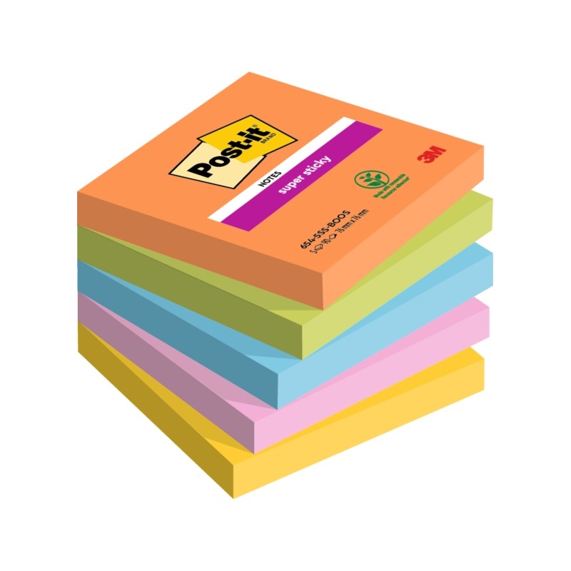 Post-It Super Sticky confezione da 5 pezzi da 90 foglietti adesivi riposizionabili - Forma quadrata - 76x76 mm - Colori 