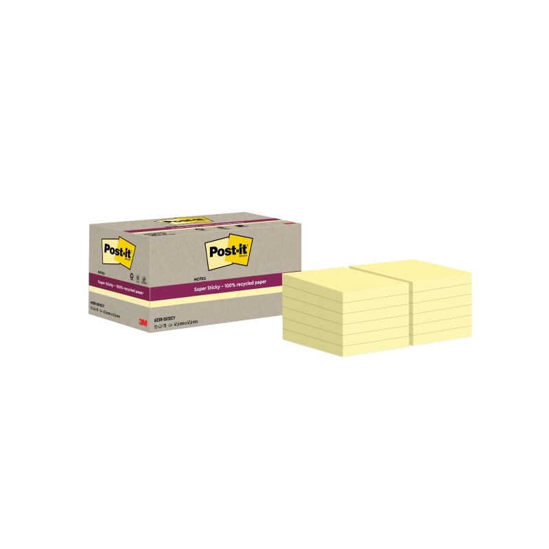 Post-It Super Sticky Confezione da 12 blocchetti di 70 foglietti adesivi riciclati - Quadrato - 47.6x47.6 mm - Giallo ch