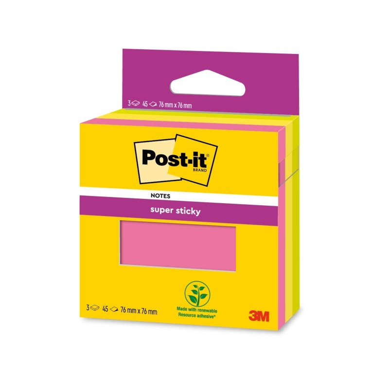 Post-It Super Sticky Confezione da 3 blocchetti di 45 foglietti adesivi riposizionabili - 76x76 mm - 100% PEFC - Colori 