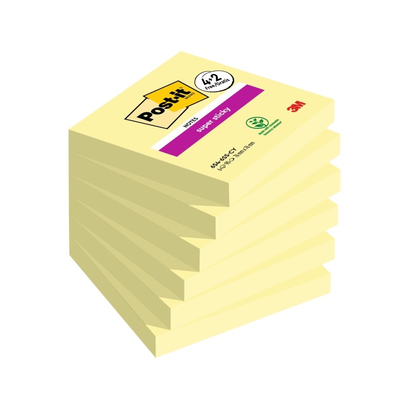Post-It Super Sticky confezione da 6 pezzi da 90 foglietti adesivi riposizionabili - 76x76 mm - Promozione 4 blocchi + 2