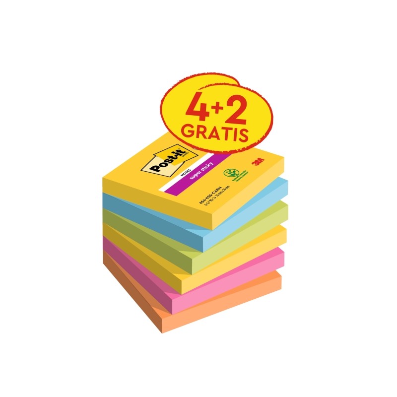 Post-It Super Sticky confezione da 6 pezzi da 90 foglietti adesivi riposizionabili - Forma quadrata - 76x76 mm - Colori 