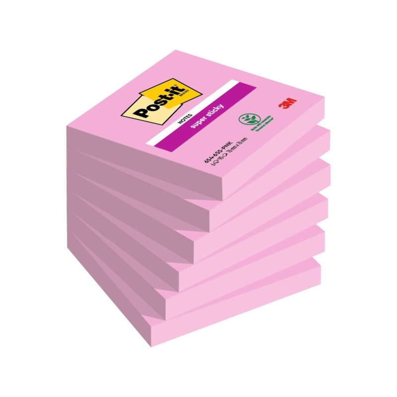Post-It Super Sticky confezione da 6 pezzi da 90 foglietti adesivi riposizionabili - 76x76 mm - 100% PEFC - Colore rosa