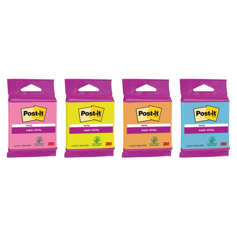 Blocco di 45 foglietti adesivi riposizionabili Post-It Super Sticky - Forma quadrata - 76x76 mm - Colori assortiti