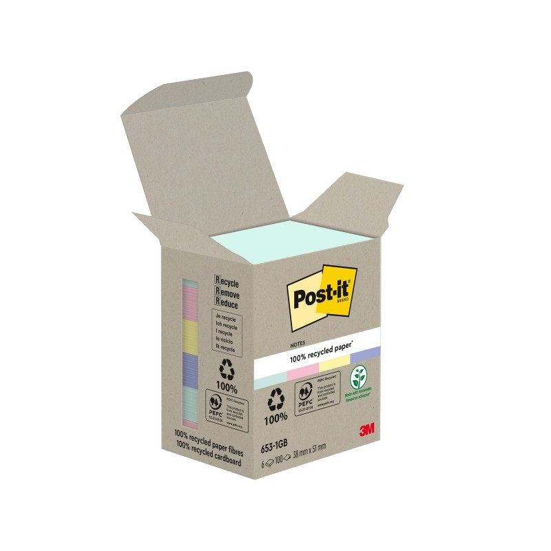 Blocco note Post-It 6 confezioni da 100 note adesive riciclate - Forma rettangolare - 51x51 mm - Colori assortiti