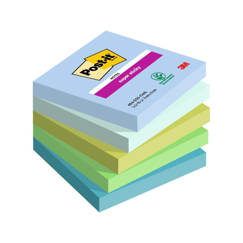 Post-It Super Sticky confezione da 5 pezzi da 90 foglietti adesivi riposizionabili - Forma quadrata - 76x76 mm - Colori 