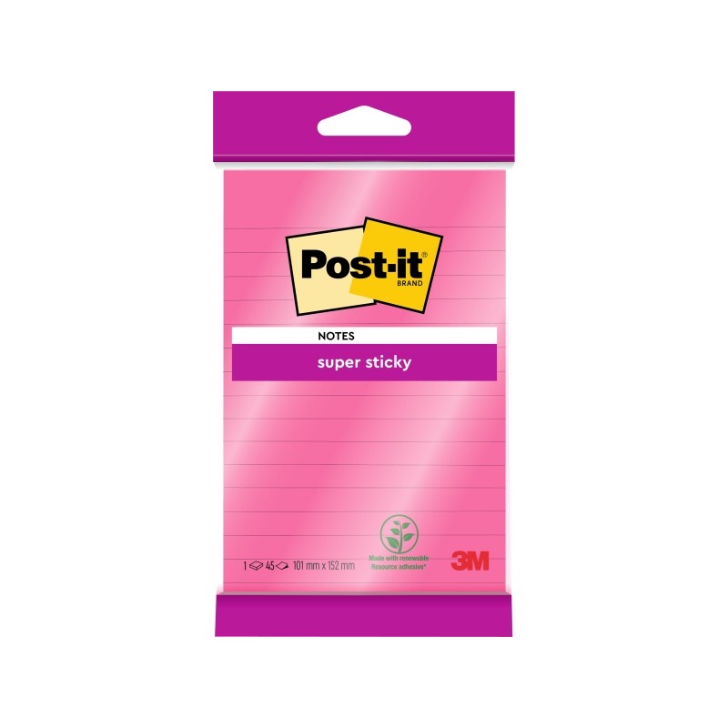 Blocco di 45 foglietti adesivi riposizionabili Post-It Super Sticky - Forma rettangolare - 101x152 mm - Colore rosa