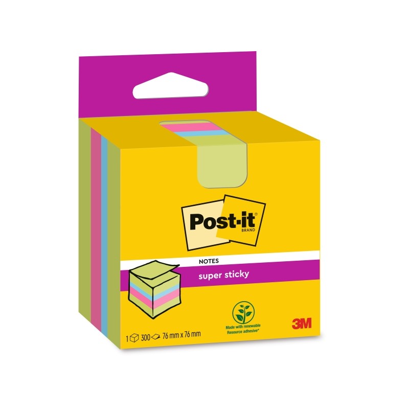 Cubo di 300 foglietti adesivi riposizionabili Post-It Super Sticky - 76x76 mm - 100% PEFC - Colori assortiti