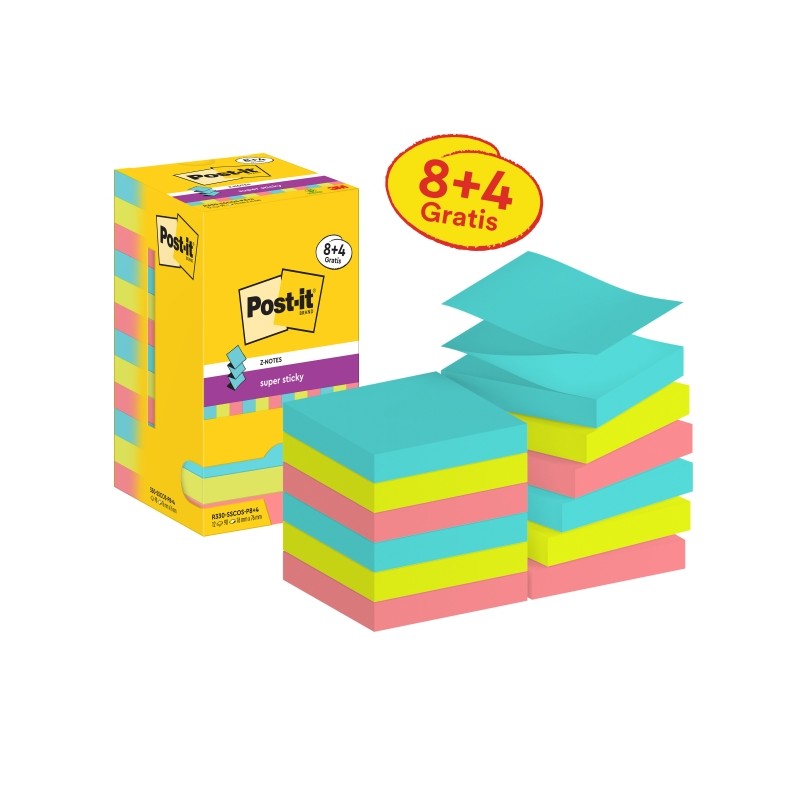 Post-It Super Sticky Confezione da 12 90 blocchetti adesivi riposizionabili - Forma quadrata - 76x76 mm - Zig-Zag - Colo