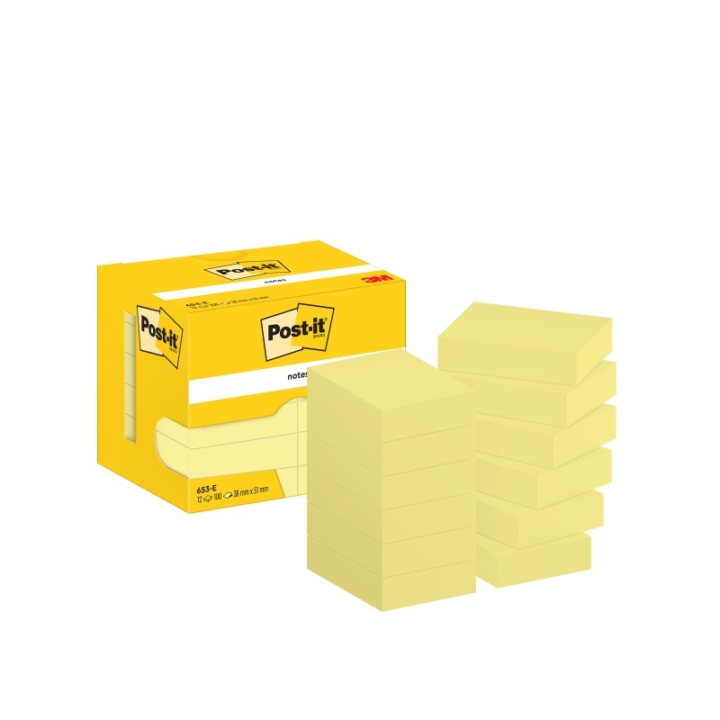 Post-It Post-It Pads 12 Pack di 100 note adesive riposizionabili - Forma rettangolare - 38x51mm - Colore giallo chiaro