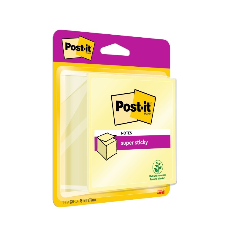 Cubo di 270 foglietti adesivi riposizionabili Post-It Super Sticky - 76x76 mm - 100% PEFC - Colore giallo chiaro
