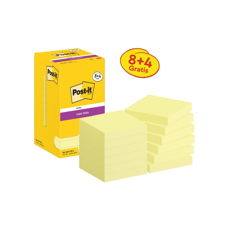 Post-It Super Sticky Confezione da 12 blocchetti di 90 foglietti adesivi riposizionabili - 76x76 mm - Promocion 8 blocch