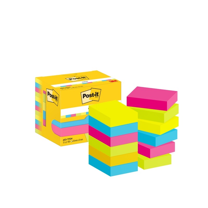 Post-It Pad 12 confezioni da 100 foglietti adesivi riposizionabili - Forma rettangolare - 38x51 mm - Colori assortiti