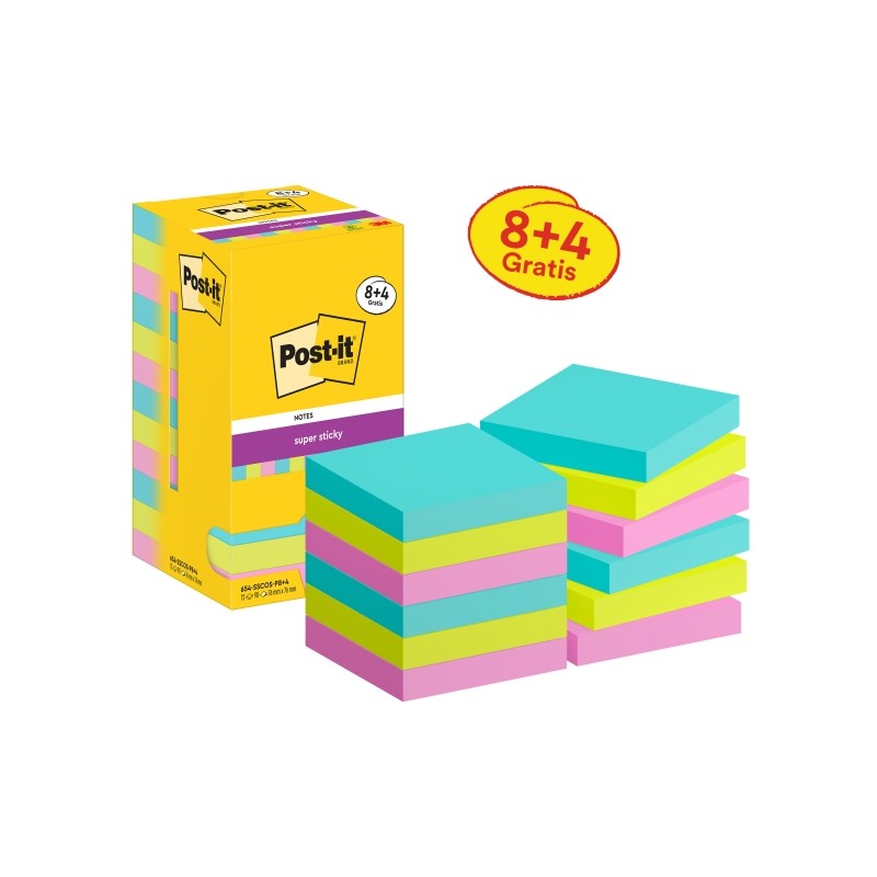 Post-It Super Sticky Confezione da 12 90 blocchetti adesivi riposizionabili - Forma quadrata - 76x76 mm - Colori assorti