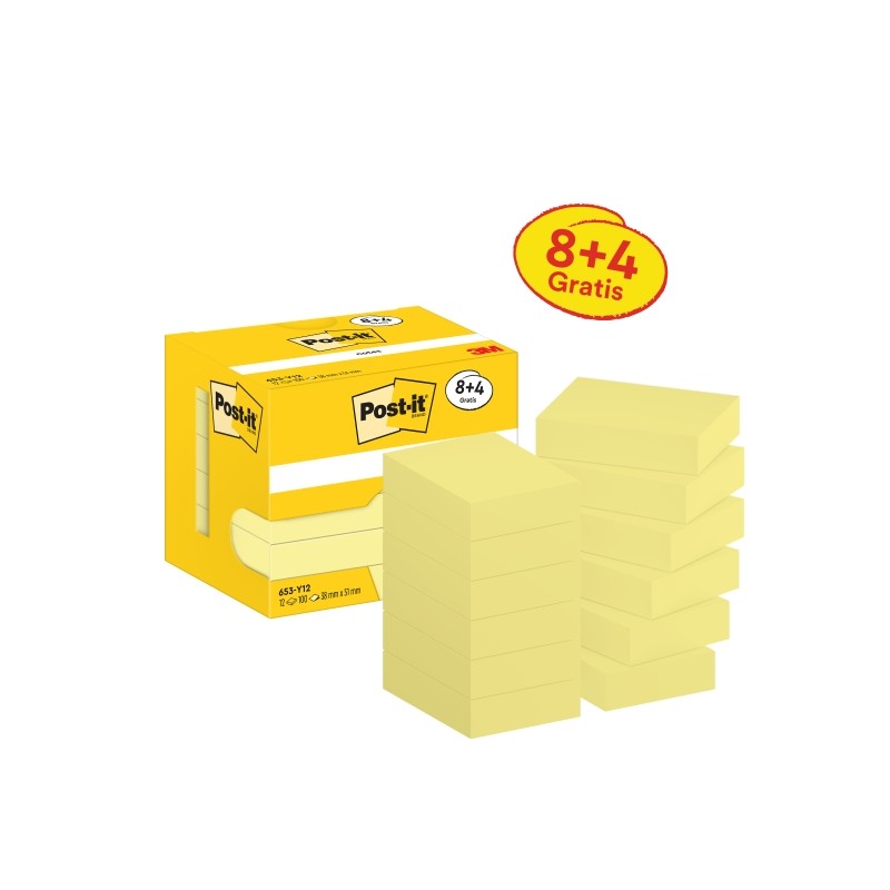 Post-It Post-It Pads 12 Pack di 100 note adesive riposizionabili - Forma rettangolare - 38x51mm - Colore giallo chiaro