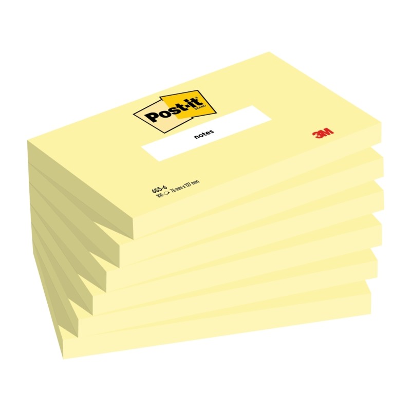 Post-It Pads 6 Confezione da 100 foglietti adesivi riposizionabili - Forma rettangolare - 76x127 mm - Colore giallo chia