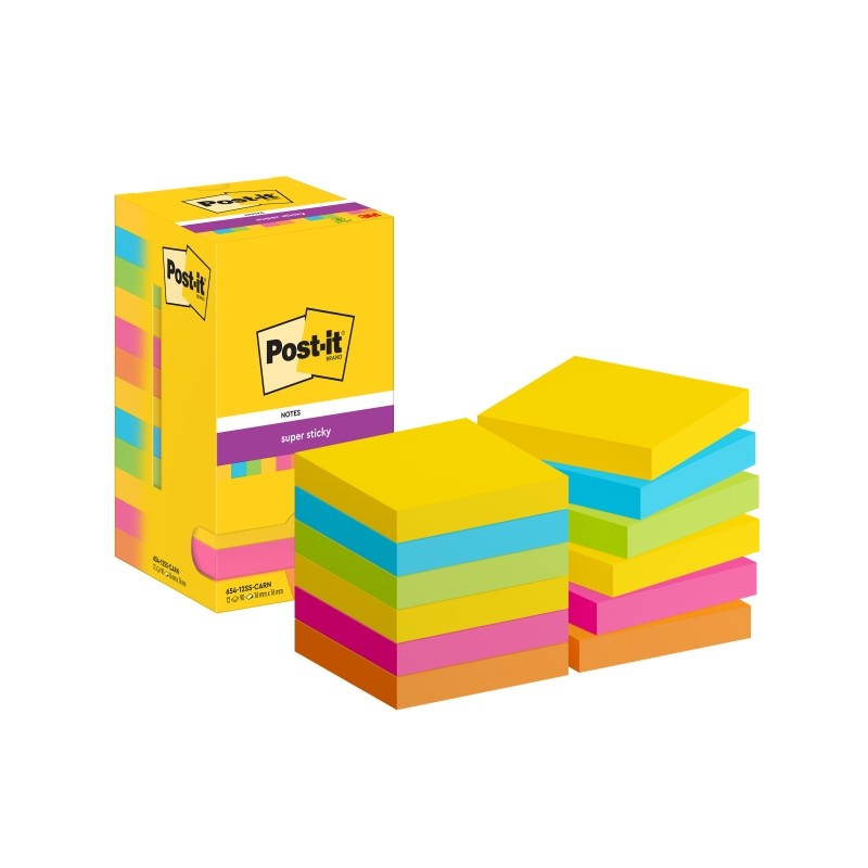 Post-It Super Sticky Confezione da 12 90 blocchetti adesivi riposizionabili - Forma quadrata - 76x76 mm - Colori assorti