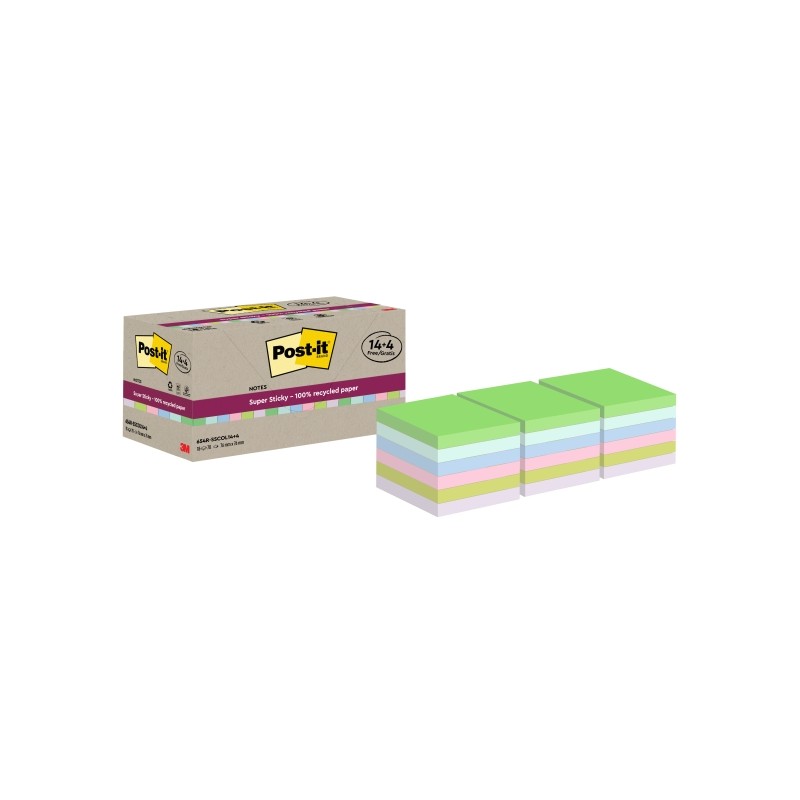 Post-It Super Sticky Confezione da 18 blocchetti di 70 foglietti adesivi riciclati - Forma quadrata - 76x76 mm - Colori 