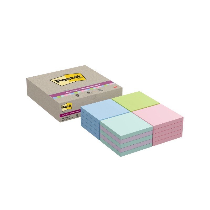 Post-It Super Sticky Confezione da 20 blocchetti di 70 foglietti adesivi riciclati - Forma quadrata - 76x76 mm - Colori 