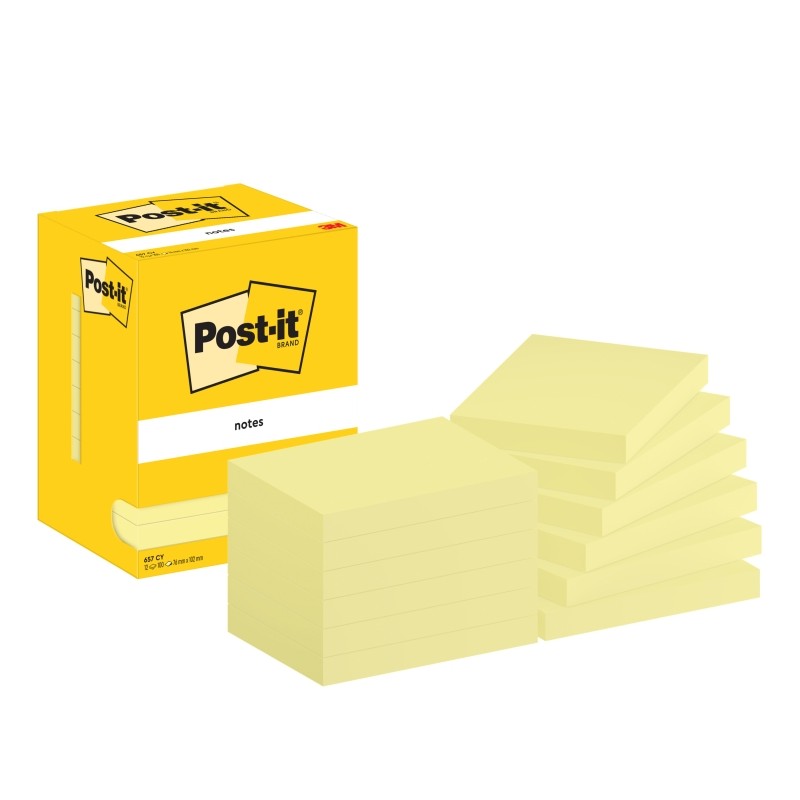 Post-It Post-It Pads 12 Pack di 100 note adesive riposizionabili - Forma rettangolare - 76x102mm - Colore giallo chiaro