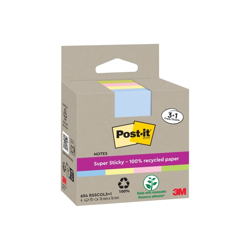 Post-It Super Sticky confezione da 4 pezzi da 70 foglietti adesivi riciclati - Forma quadrata - 76x76 mm - Colori assort