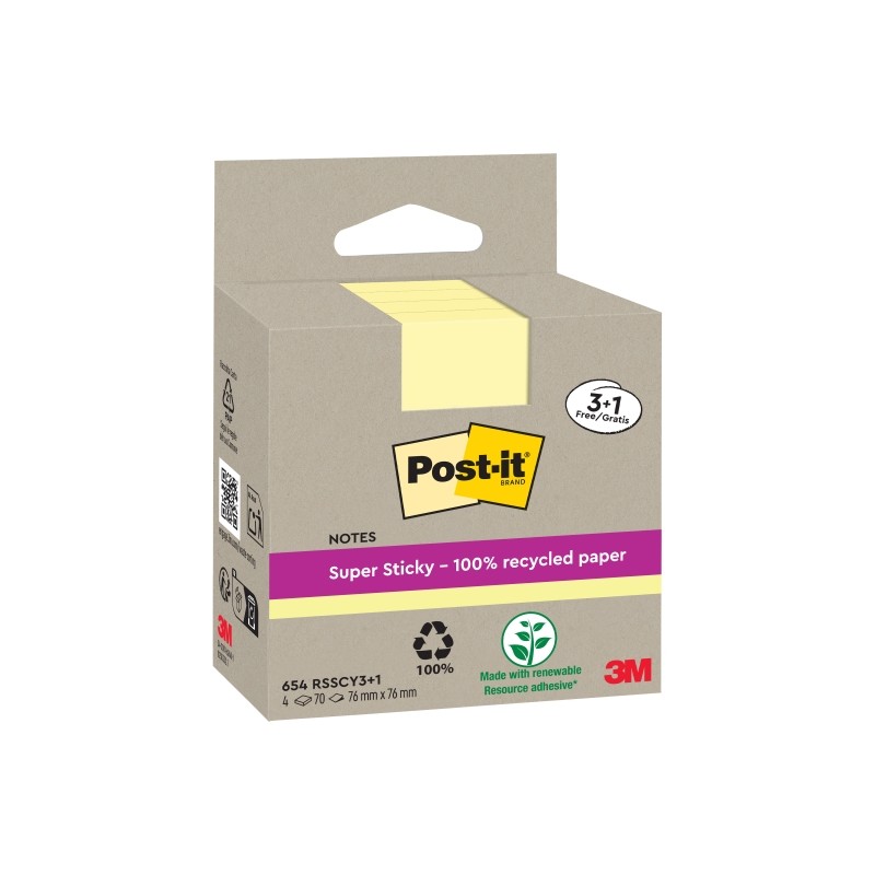Post-It Super Sticky 4-Pack di 70 foglietti adesivi riciclati - Forma quadrata - 76x76 mm - Giallo chiaro