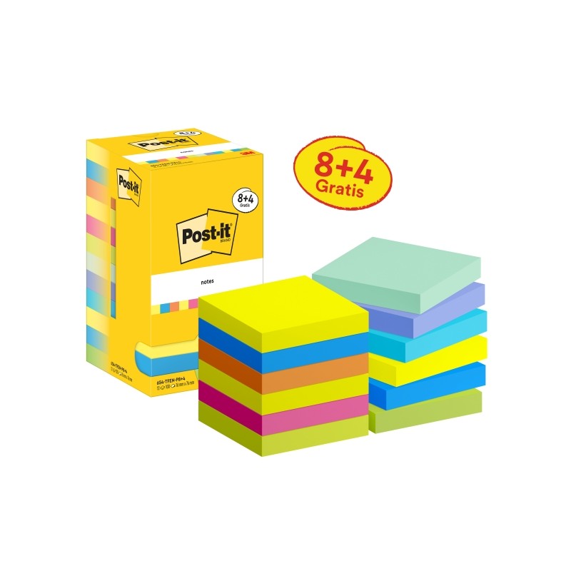 Post-It Pads Confezione da 12 x 90 foglietti adesivi riposizionabili - Forma quadrata - 76x76 mm - Colori assortiti