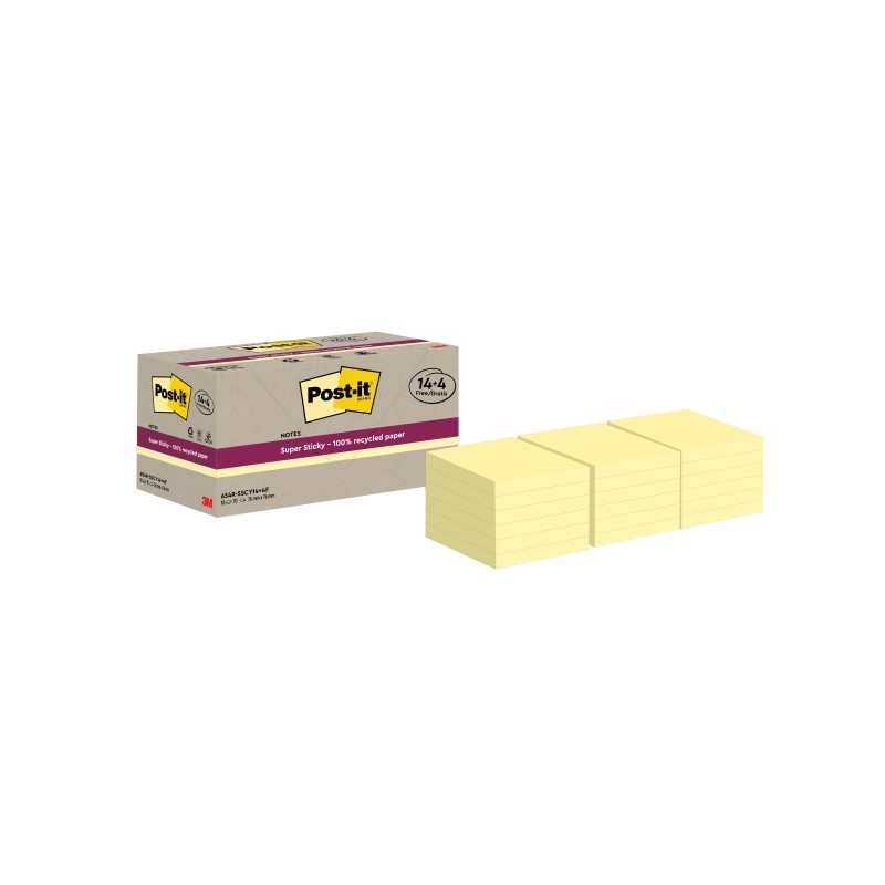 Post-It Super Sticky Confezione da 18 blocchetti di 70 foglietti adesivi riciclati - Forma quadrata - 76x76 mm - Colore 