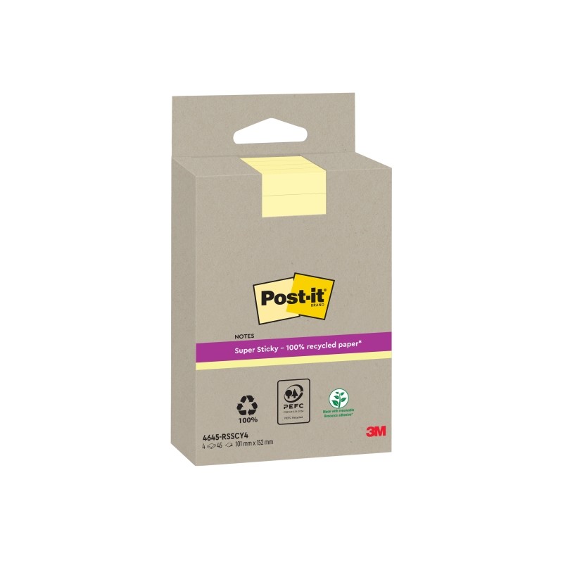 Post-It Super Sticky confezione da 4 pezzi di 45 foglietti adesivi riciclati - Forma rettangolare - 102x152 mm - Colore 