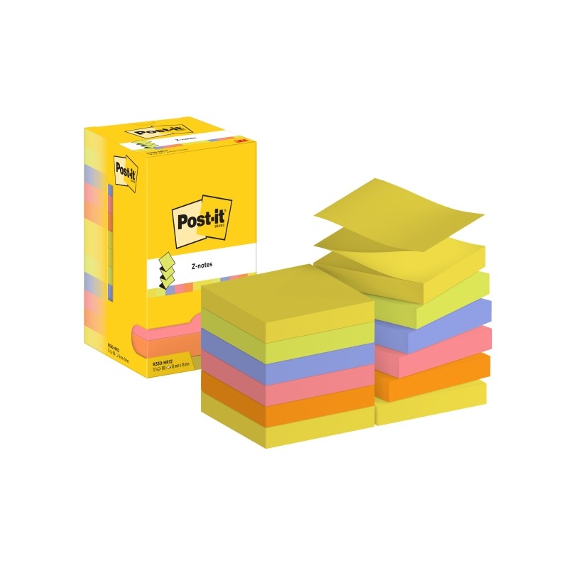 Post-It Post-It Pads 12 Confezioni da 100 Z-Notes adesivi riposizionabili - Forma quadrata - 76x76mm - Colori assortiti