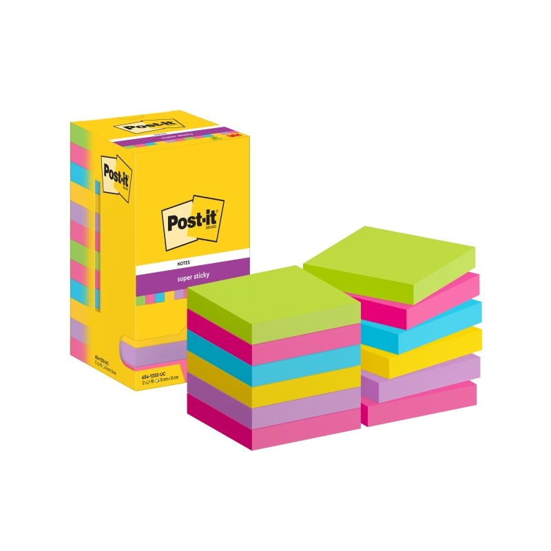 Post-It Super Sticky Confezione da 12 90 blocchetti adesivi riposizionabili - Forma quadrata - 76x76 mm - Colori assorti