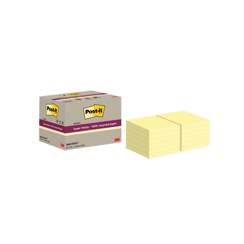 Post-It Super Sticky Confezione da 12 blocchetti di 70 foglietti adesivi riciclati - Forma quadrata - 76x76 mm - Colore 