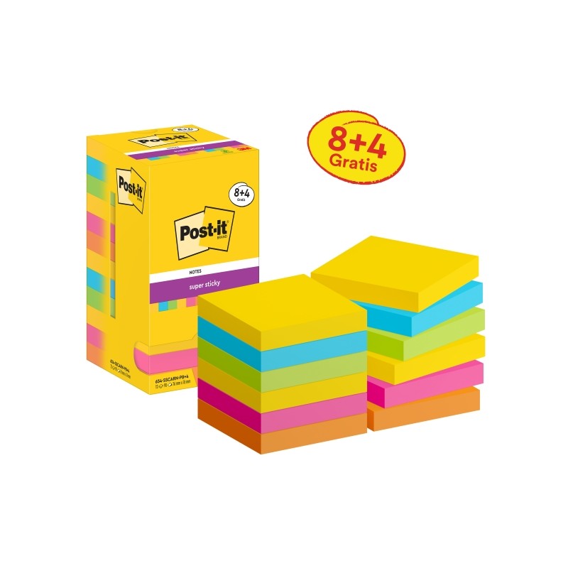 Post-It Super Sticky Confezione da 12 90 blocchetti adesivi riposizionabili - Forma quadrata - 76x76 mm - Colori assorti