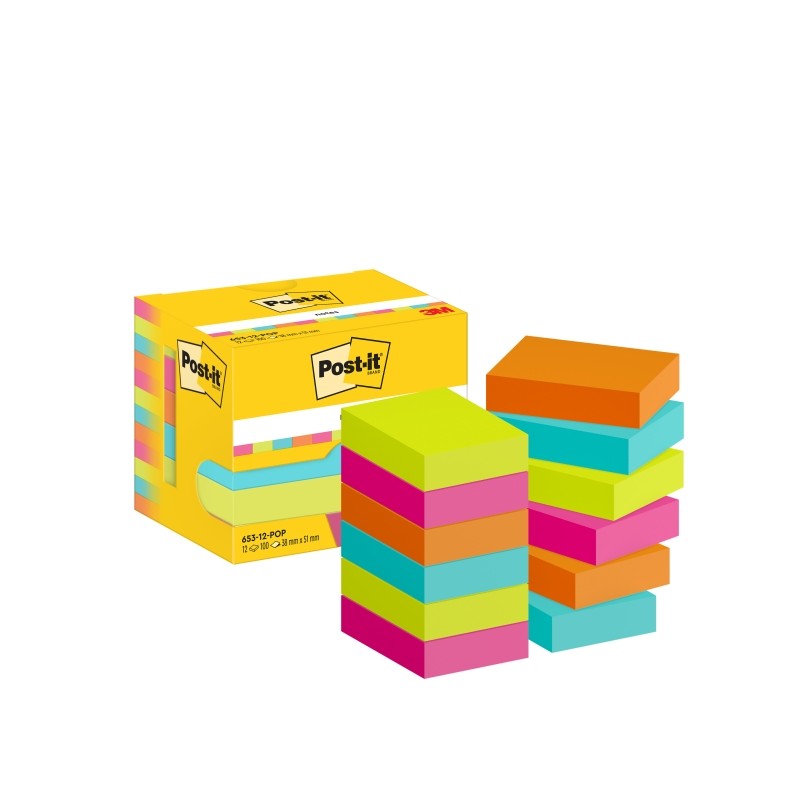 Post-It Pad 12 confezioni da 100 foglietti adesivi riposizionabili - Forma rettangolare - 38x51 mm - Colori assortiti