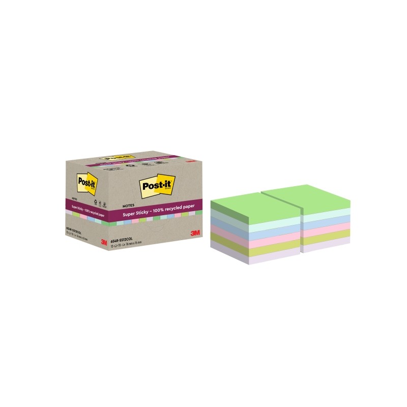 Post-It Super Sticky Note Pads 12 Confezione da 70 foglietti adesivi riciclati - Forma quadrata - 76x76mm - Colori assor