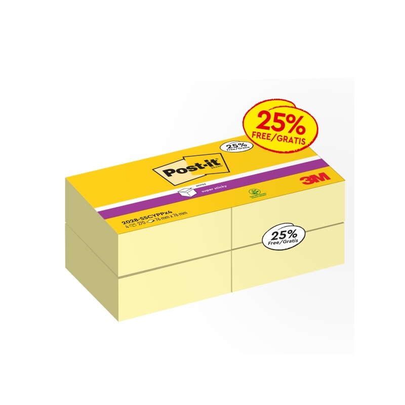 Scatola di post-it Super Sticky Confezione da 4 cubi di 270 post-it riposizionabili - Quadrato - Giallo chiaro