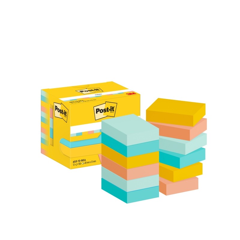 Post-It Pad 12 confezioni da 100 foglietti adesivi riposizionabili - Forma rettangolare - 38x51 mm - Colori assortiti