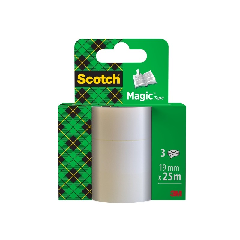 Scotch Magic Confezione da 3 nastri adesivi invisibili - Ricarica - 19 mm x 25 m - Colore trasparente