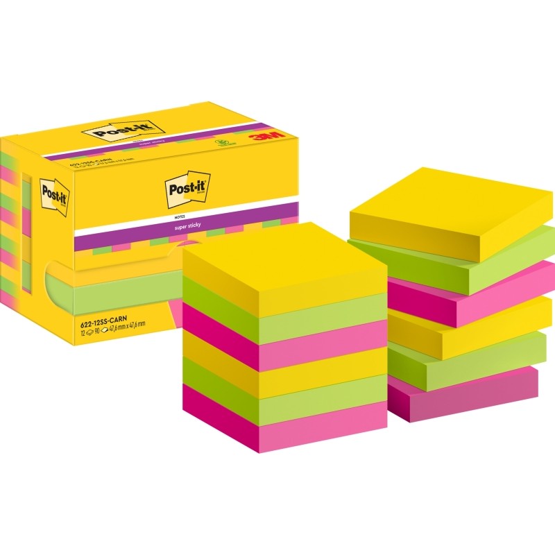 Post-It Super Sticky Confezione da 12 90 blocchetti adesivi riposizionabili - Forma quadrata - 47.6x47.6 mm - Colori ass