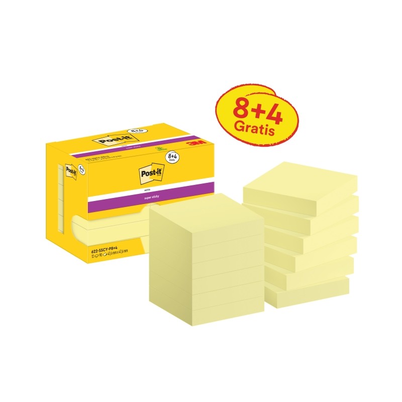 Post-It Super Sticky Confezione da 12 blocchetti di 90 foglietti adesivi riposizionabili - 47.6x47.6 mm - Promozione 8 b