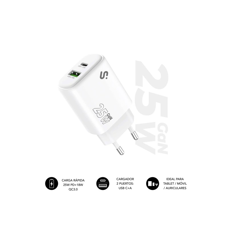 Caricabatterie da parete Subblim GaN 25W - USB-C + USB-A - Ricarica rapida - Bianco