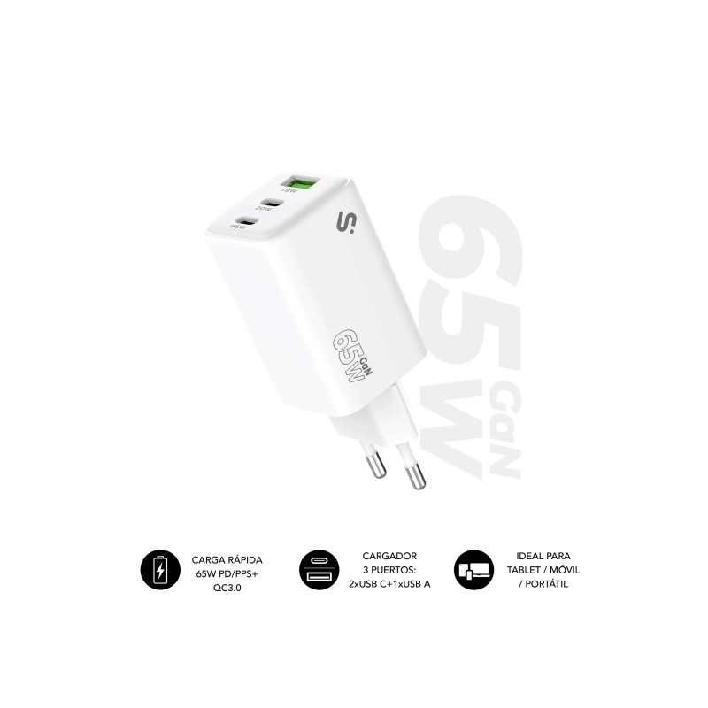 Caricatore da parete Subblim GaN 65W - 3 porte (2xUSB-C + 1xUSB-A) - Ricarica ultra rapida - Colore bianco