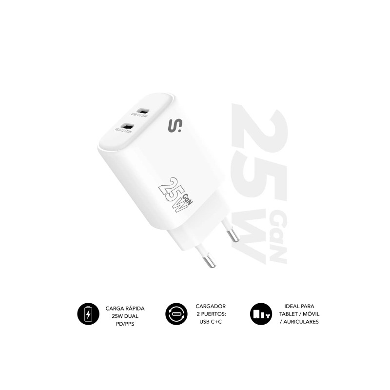 Caricatore da parete Subblim GaN 25W - 2xUSB-C - Ricarica rapida - Colore bianco