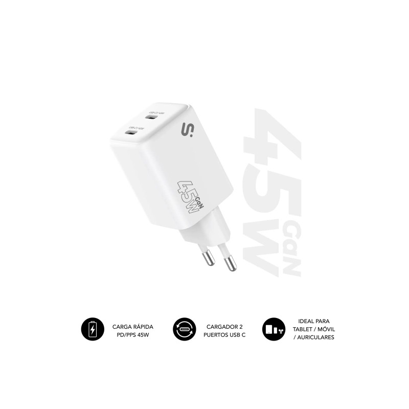 Caricatore da parete Subblim GaN 45W - 2xUSB-C - Ricarica ultra rapida - Colore bianco
