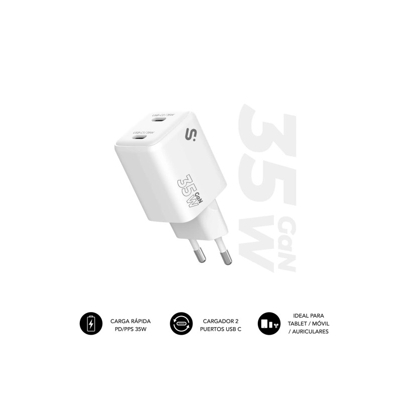 Caricatore da parete Subblim GaN 35W - 2xUSB-C - Ricarica rapida - Colore bianco
