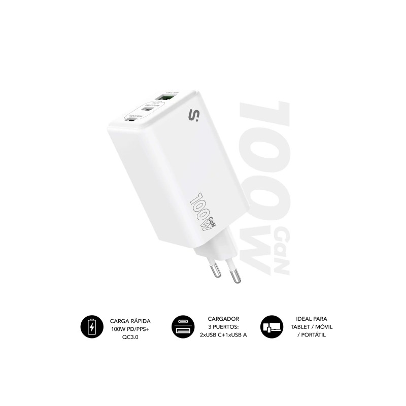 Caricatore da parete Subblim GaN 100W - 3 porte (2xUSB-C + 1xUSB-A) - Ricarica ultra rapida - Colore bianco